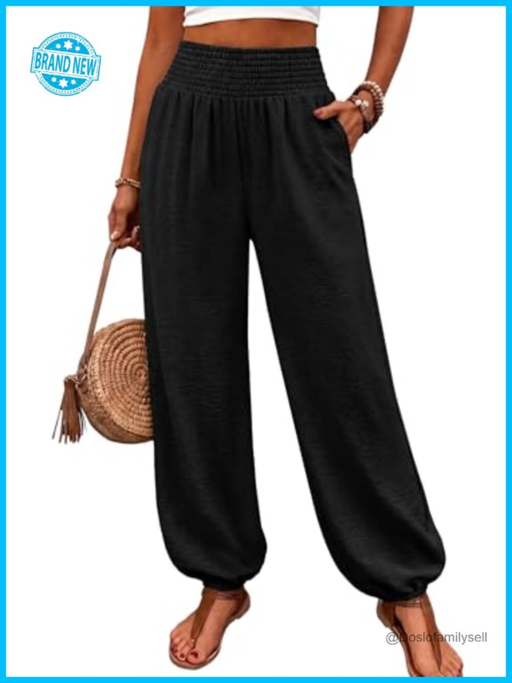 WIHOLL Women's High Waist Smocked Harem Pants Linen Look Tapered Ankle Casual